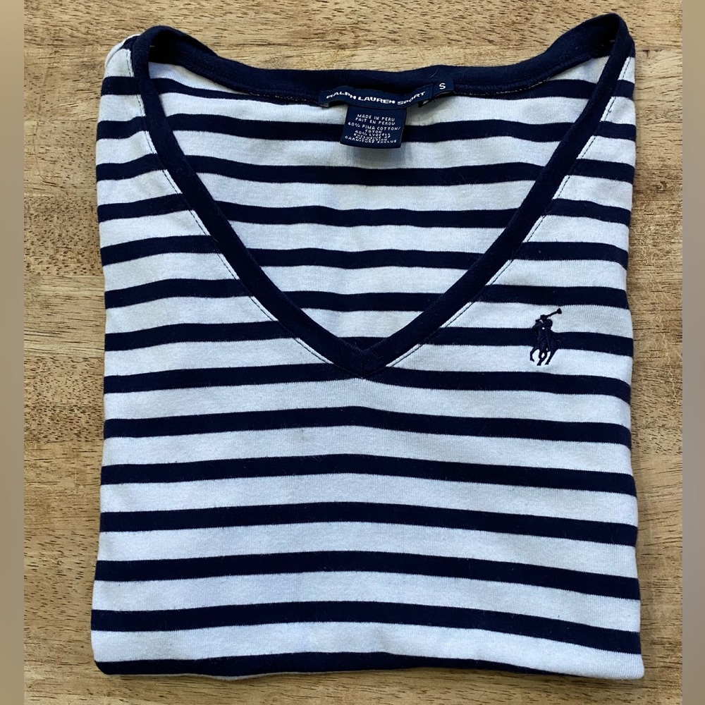 Ralph Lauren Sport Women’s Sz Small V Neck‎ Navy/White Stripe Short Sleeve Tee